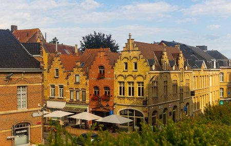 Summer street view of historic center of Belgian city of Ypresのeditorial素材