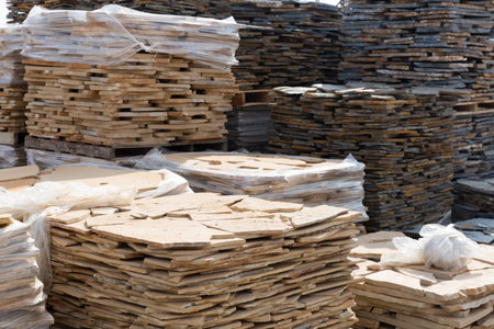 Natural stone blocks packed in stacks at a hardware store warehouse