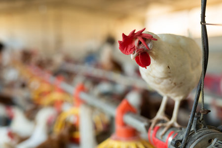 Curious white hen sitting on pipe of feeding line in henhouseの写真素材