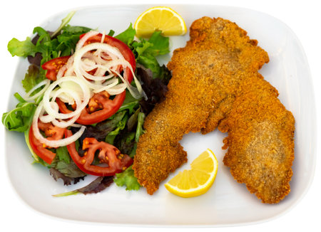 Portion of breaded cutlet, milanesa, with salad served on tableの写真素材