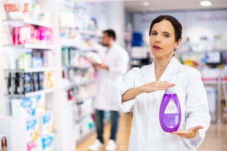 Portrait of friendly laughing pharmacist working in farmacy