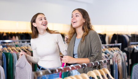 Happy young women holding winter jumpers and sweaters on racks during shopping in a boutiqueの写真素材