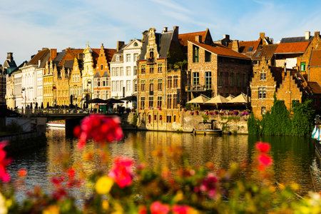 Summer streets and riverside of Ghent, Belgiumのeditorial素材