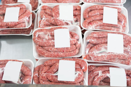 Packages of raw pork sausages on display in butcher shop