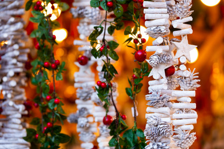 Handmade wooden Christmas toys on street marketの写真素材