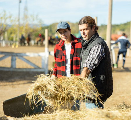 Male female young adult horse stable workers preparing hay and straw for horses in countryside club on sunny day in autumnの写真素材
