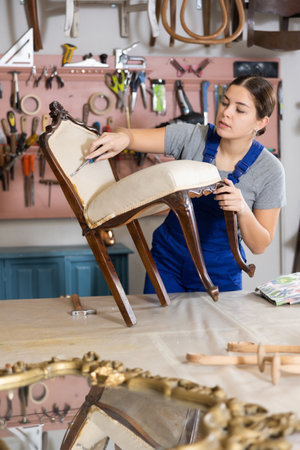 Female restorer removes old cloth seat covering from antique wooden chair.の写真素材