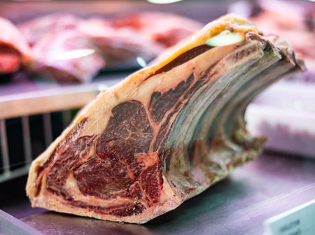Chopped beef meat in metal trays displayed for saleの写真素材