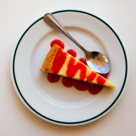 Slice of delicious classical cheesecake with fruity sauce servedの写真素材