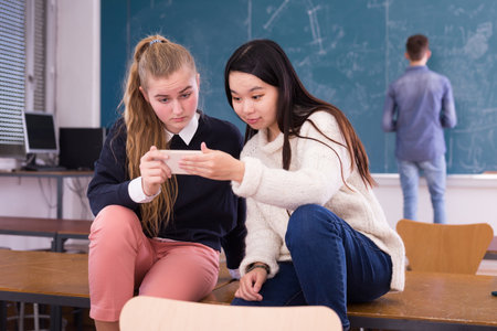 Female students talking and using smartphone during breakの写真素材