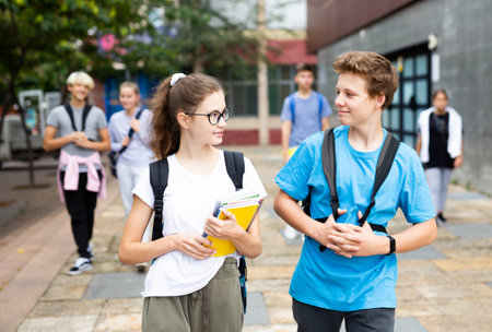 Teen girl going to lessons with classmate on autumn dayの写真素材