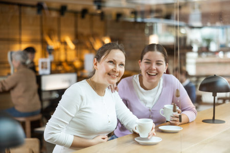 Two cheerful women chatting and drinking coffee at the bar counter of cafeの写真素材
