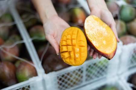 Sliced ripe juicy mango in hands of female workerの写真素材