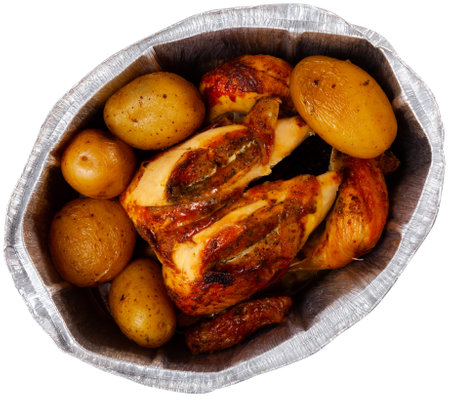 Serving of delicious baked chicken and potatoes placed on tableの写真素材