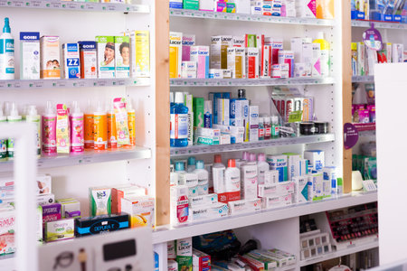picture of the shelves with medicines in the pharmacyのeditorial素材