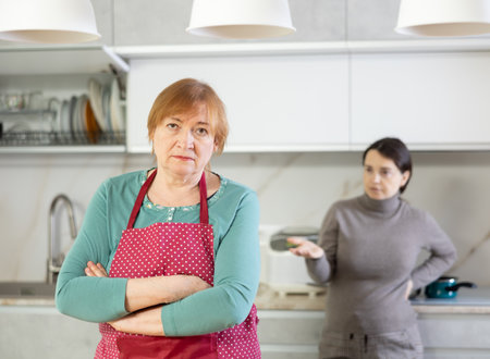 Adult woman in apron and young woman during quarrel in kitchenの写真素材