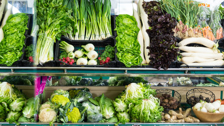 Stand with variety of vegetables and greenery in supermarketの写真素材