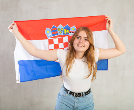 Happy girl supporting Croatia on world championshipの写真素材