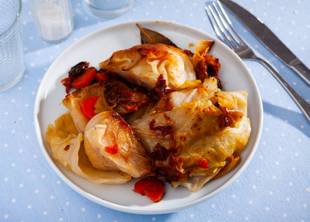 Stewed cabbage served on tableの写真素材