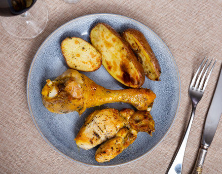 Baked chicken pieces with potatoes served for dinnerの写真素材