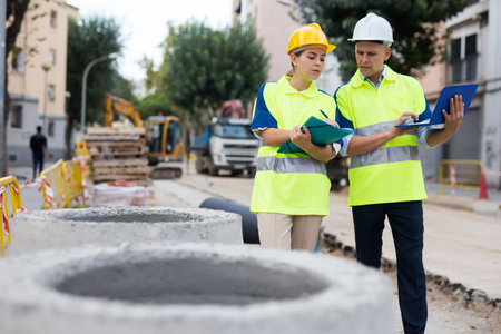 Two engineers are discussing an important project, holding a laptop and an estimate