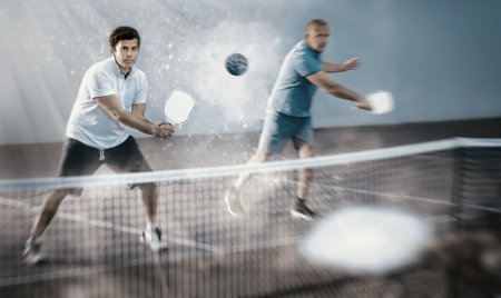 Focused adult man playing pickleball match in team with older partnerの写真素材