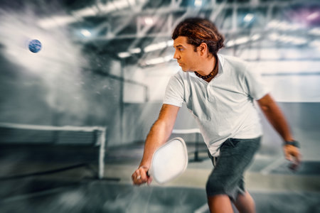 Concentrated adult pickleball player preparing to return ballの写真素材