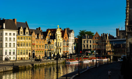 Summer streets and riverside of Ghent, Belgiumのeditorial素材