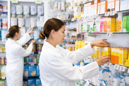Pharmacy employee puts new healing body cosmetics on shelvesの写真素材