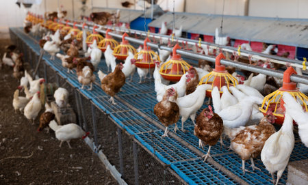 White and brown chicken eating from auto feeding in farm area