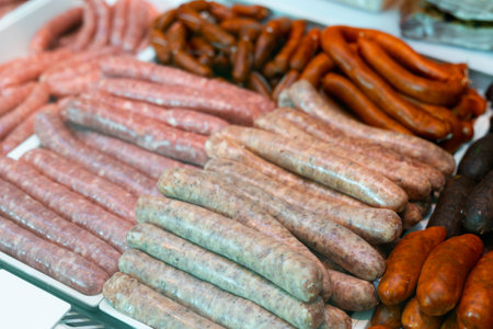 Different types of sausages laid out in showcase of butcher shopの写真素材