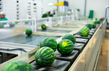 Green striped watermelons running on conveyor belt of sorting lineの写真素材