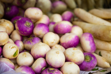 Turnip roots displayed for sale at greengroceryの写真素材