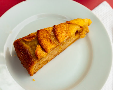 One piece of just prepared apple pie on plateの写真素材