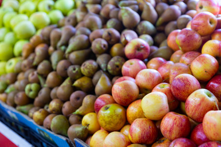 Ripe green pears and red apples on counter at marketの写真素材