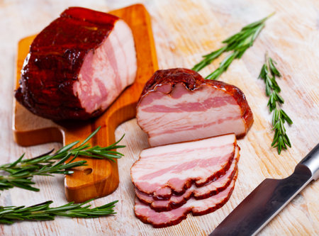 Russian tasty meal smoked brisket at wooden deskの写真素材