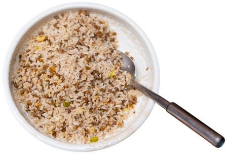Plate of boiled rice with green lentils and fried onionsの写真素材