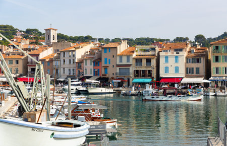 Cassis, France - September 27, 2021: Boats and yachts are moored at pier in port of Cassis. South of Franceのeditorial素材