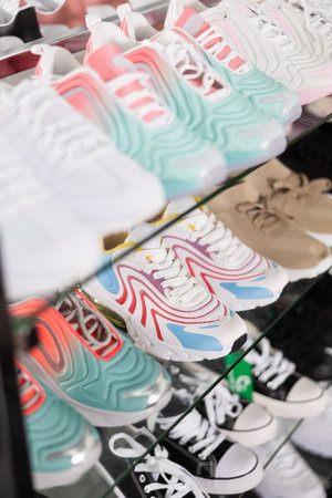 In shoe department stand womens trainers of latest summer collectionの写真素材