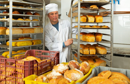 Worker of bakery putting baked baguettes on tray rackの写真素材