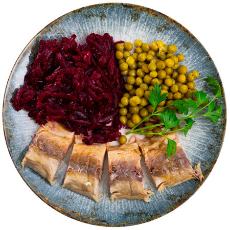 Cold smoked mackerel with beetroot and green peasの写真素材