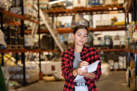 Young woman inspecting storehouse