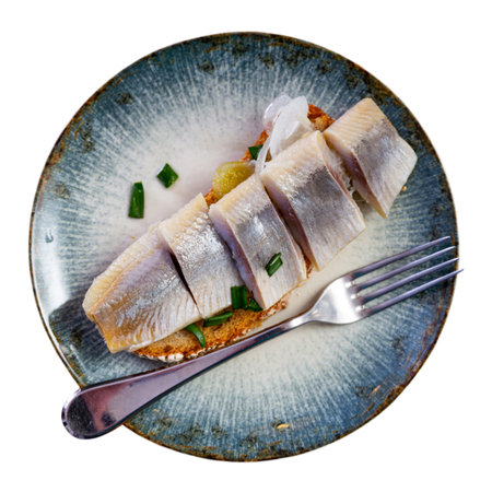 Sandwich with slices of salted herring fillet and pickled onionsの写真素材