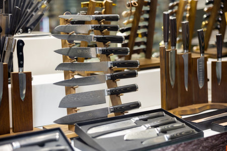 Kitchen knives with blades of Damascus steel for sale in Toledo storeのeditorial素材