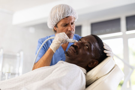 Male cosmetologist performs skin cleansing procedure for African man client with beauty machineの写真素材