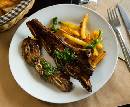 Delicious grilled Churasco beef steak with stewed peppers close upの写真素材