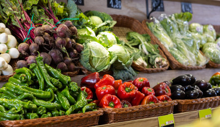 Various vegetables bell peppers, onion and beets laying in row on shelves in gracery
