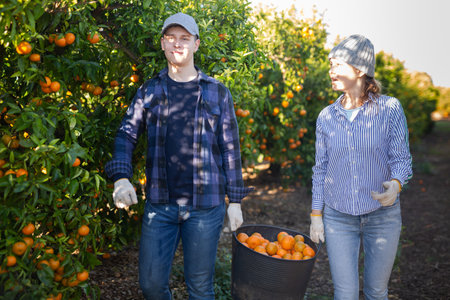 Portrait of two farmers working in a fruit nurseryの写真素材