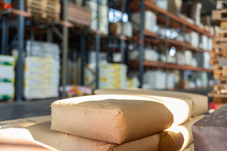 Several paper bags, bales, lie on trolley cart in the warehouse of wholesale storeの写真素材