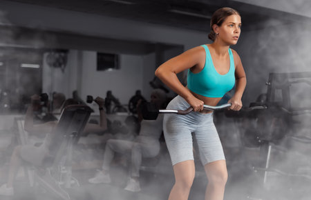 Slender girl trains muscles of arms and back using barbell and differentiated weighting in gymの写真素材